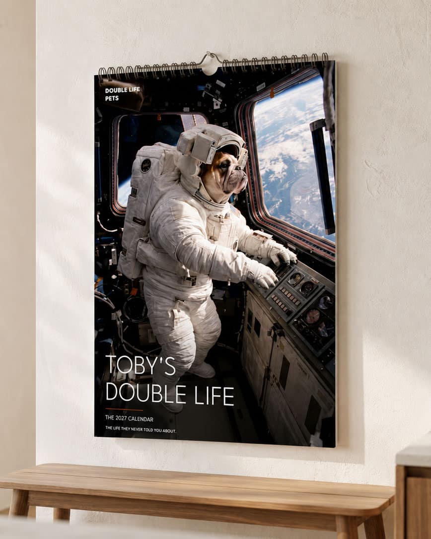Toby's printed calendar hanging on a wall — Toby’s Double Life, The 2027 Calendar