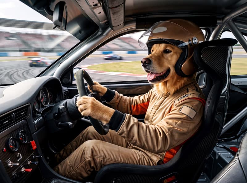 A golden retriever transformed into a racing car driver