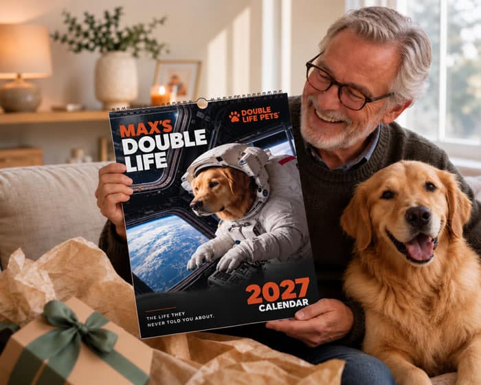 A personalized 2027 pet calendar being opened as a gift