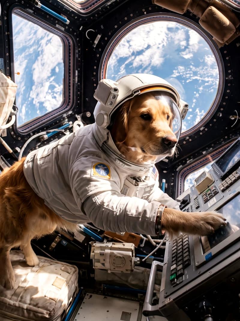A golden retriever transformed into an astronaut