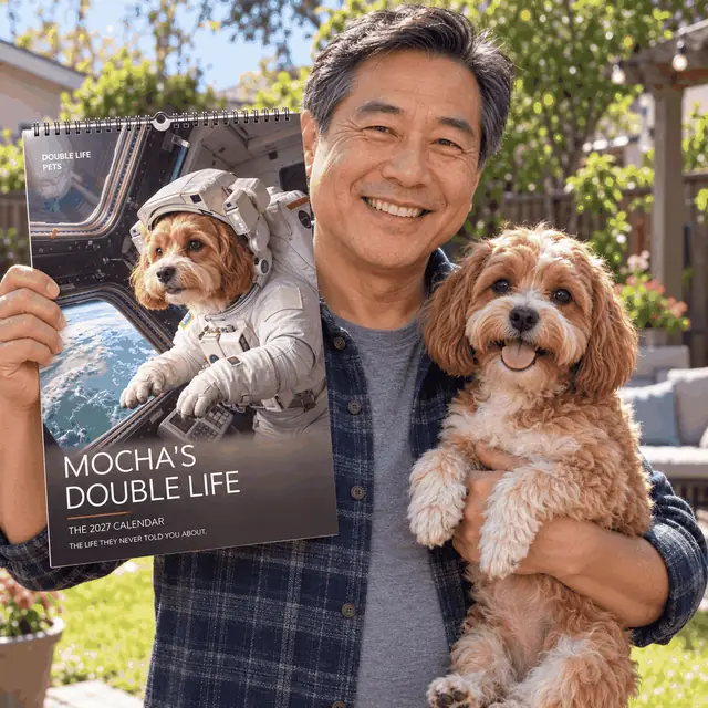Man in his backyard holding Mocha's astronaut calendar and his cavoodle
