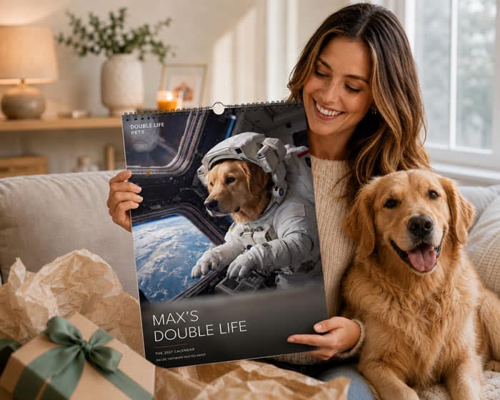 A personalized 2027 pet calendar being opened as a gift