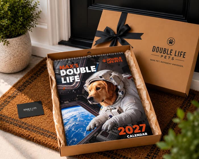 A Double Life Pets gift box with a personalized calendar