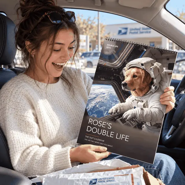 Woman opening Rose's calendar in her car outside the post office
