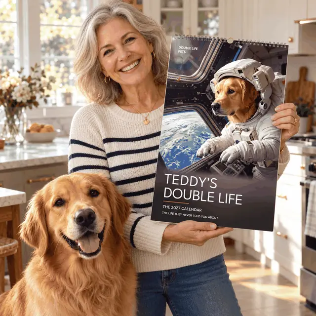 Woman in her kitchen holding Teddy's astronaut calendar beside her golden retriever
