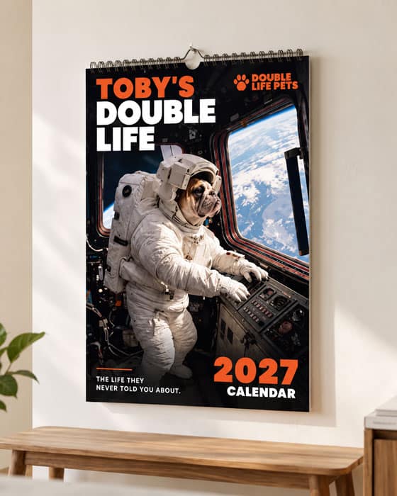 Toby's printed calendar hanging on a wall — Toby’s Double Life, The 2027 Calendar