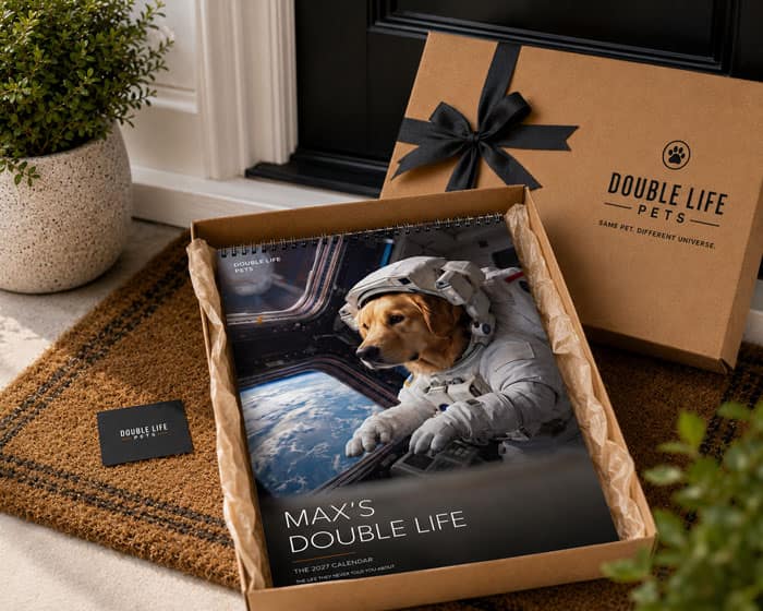 A Double Life Pets gift box with a personalized calendar