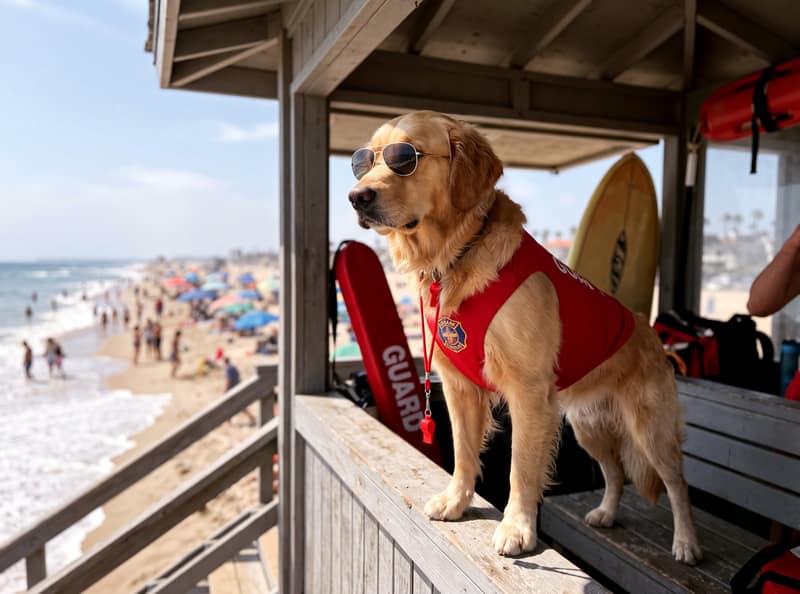 A golden retriever transformed into a beach lifeguard