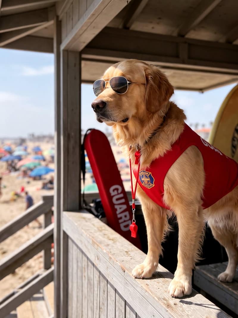 A golden retriever transformed into a beach lifeguard