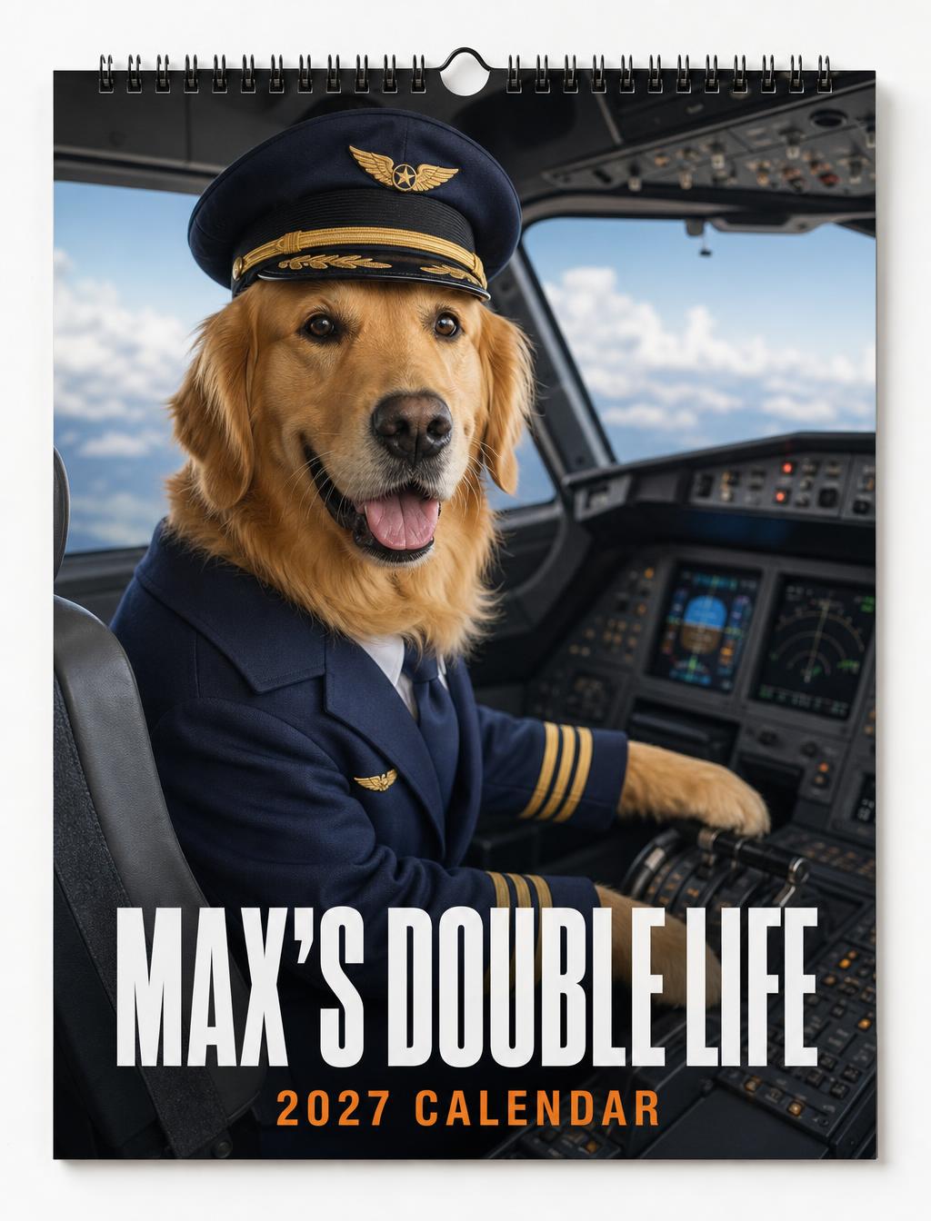 The printed 2027 calendar cover — "Max's Double Life" — starring a golden retriever airline captain