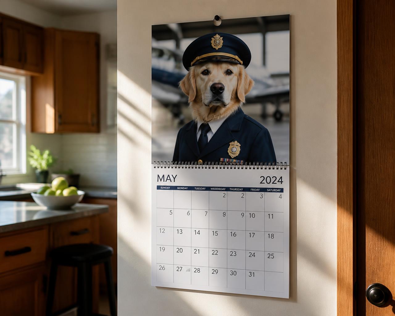 The finished printed calendar hanging on a wall
