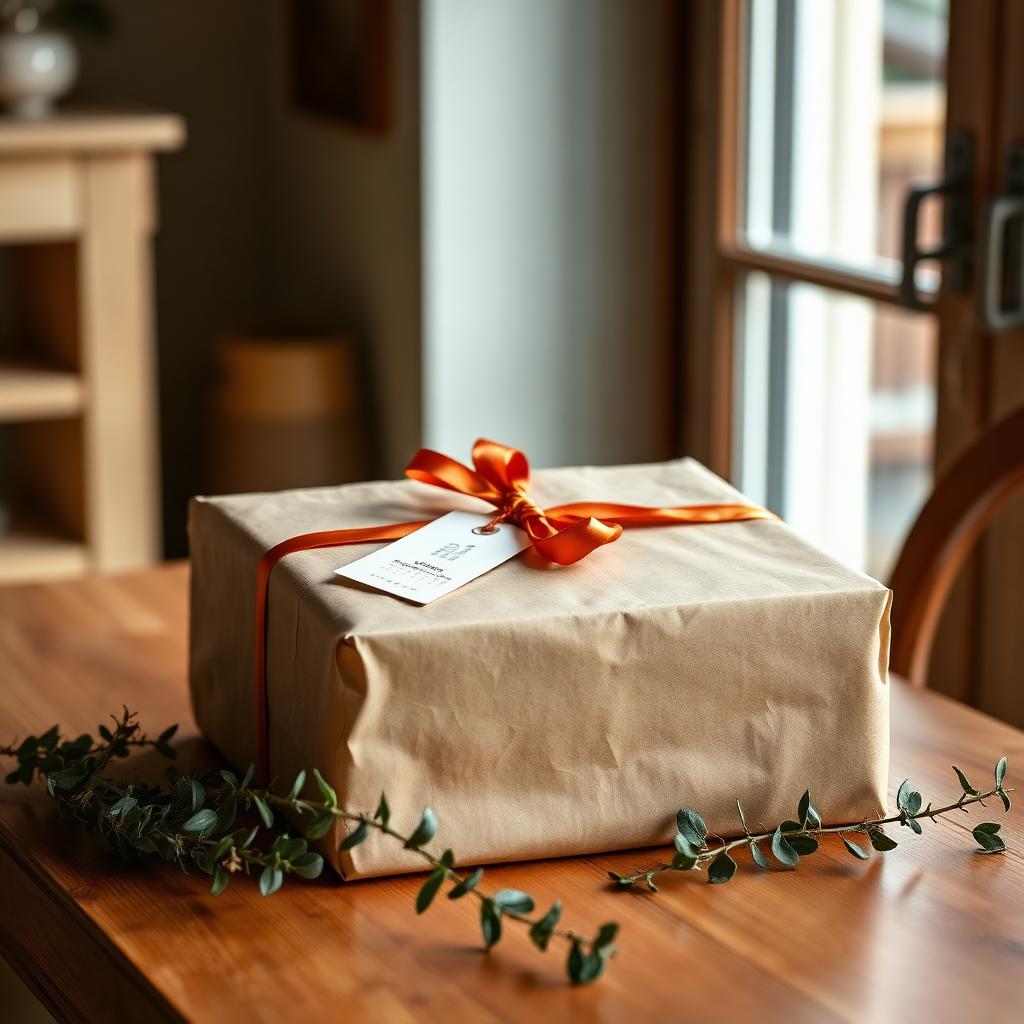 A flat calendar-sized gift wrapped in kraft paper with a burnt orange ribbon