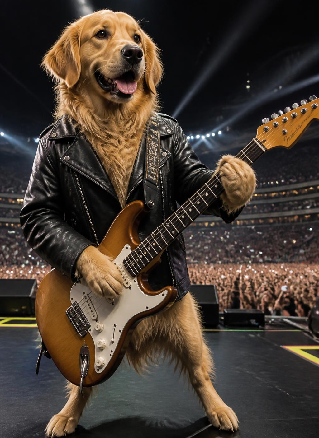 A golden retriever transformed into a stadium rockstar